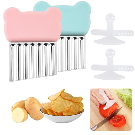 KASESSS 2 Pièces Coupe Pomme de Terre, Couteau Ondulé, Coupe Pomme de Terre pour Frite, Modèle d'ours, Couteau de Tranches de Pomme de Terre avec 2 Protège-Doigts, pour Légume, Fruits et Gaufre