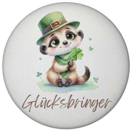 Erdmännchen Glücksbringer Magnet rund niedlich und süß Tier mit Kleeblatt in der Hand ideal für pflanzenliebende Freunde grün und bezaubernd