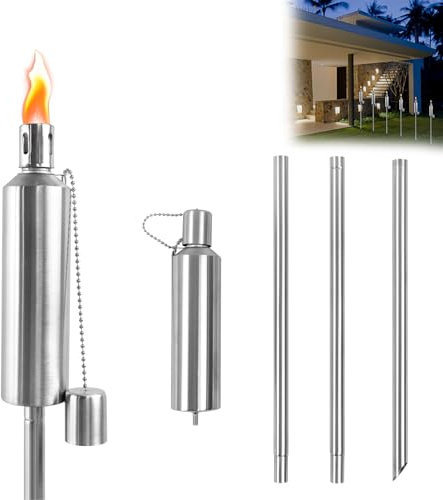 TANYEAR 12X Gartenfackeln 115cm Hoch aus Edelstahl Rostfrei für Draußen Öl 330 ml, mit Dochte, kindersicherer Verschluss, Ölfackeln Fackeln für Balkon und Terrasse Outdoor