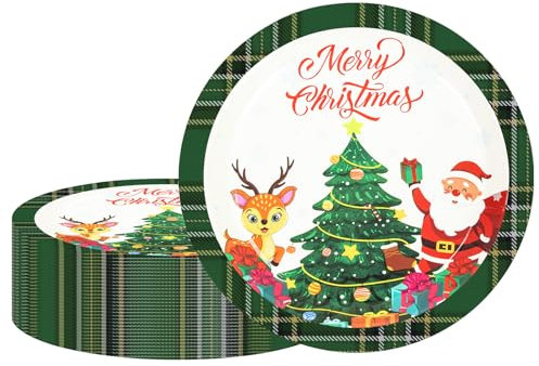 EVYIENEN 50PCS Christmas Party Paper Plates, 7inch Disposable Dessert Paper Plates Christmas Themed Dinnerware Plates for Merry Christmas Gifts Party Supplies (D)