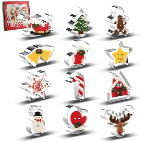 Christmas Cookie Cutters,12 PCS Stainless Steel Halloween Biscuit Cutters with Colourful Gift Box, Christmas Tree Stockings Snowman, Gingerbread Man, Bells, Snowflakes, Deer Cookies Cutters for Baking