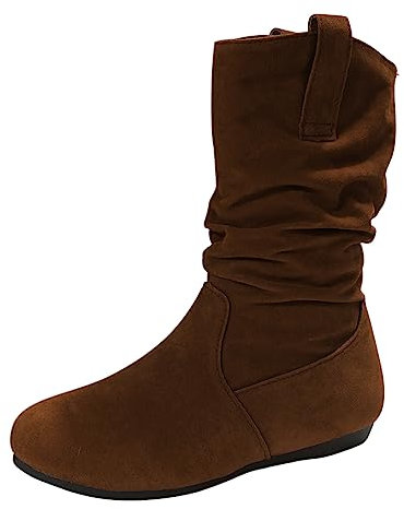 Botas a Media con Manga Inferior Plana de Gamuza con Punta Redonda y Color sólido a la Moda para Mujer Bota Cana Negra