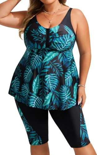 Hanna Nikole Maillot de Bain Tankini Grande Taille pour Femme contrôle du Ventre Push-up col en U Loisirs Feuilles Tropicales Vertes 52