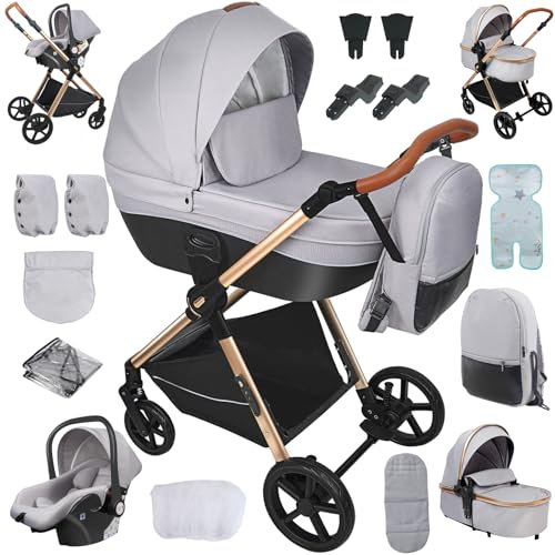 NADDLILY Kinderwagen 4 in 1, Buggy mit Umkehrbarem Zwei-Wege-Schub, Kombikinderwagen mit Faltbarem Tragbarem One-Click-Design, Kinderwagen 4 in 1 Komplettset mit Zubehör (H2 Light Grey)