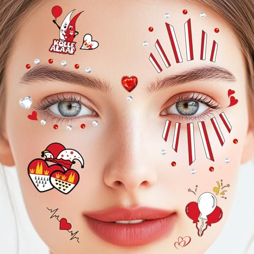 4 Blatt Gesichtstattoo Karneval Kölner Kostüm Damen Herren Glitzer Gesicht Aufkleber, Klebetattoos Kölle Alaaf Rot Weiss Herz Glitzersteine Tattoos, Erwachsene Kinder Fasching Schminke Accessoires