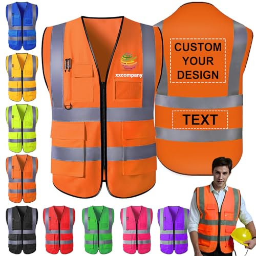 Morlavid Warnweste Personalisiert mit Logo Text Sicherheitsweste mit Reißverschluss Taschen fur Bauarbeiter,Orange