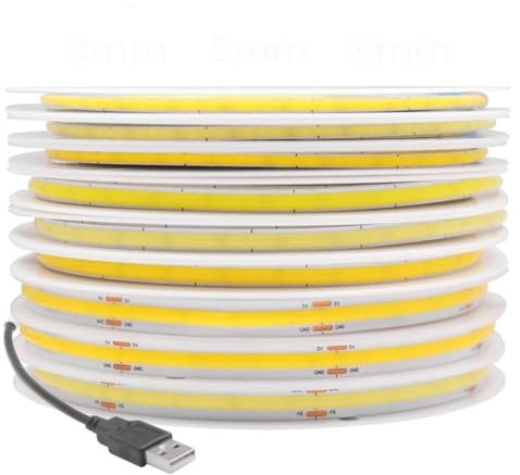 Vrabocry DC 5V USB COB LED Strip Warmweiß LED Streifen 5M 400LED/M Schmal 3mm Breit Flexible Band Seil Home Decor TV Wasserdicht LED Lichtband für Heim Küche Deko