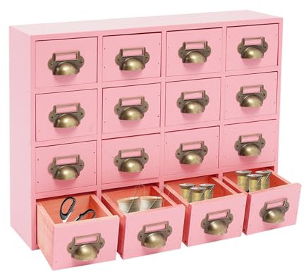 DAOHHFO Bibliothekskarten-Katalogschrank, Holzschublade, Schreibtisch-Aufbewahrungs-Organizer, 16 Schubladenbox Holz Kommoden Chest of Drawers Kommode Klein Vintage Schubladenschrank (Rosa)