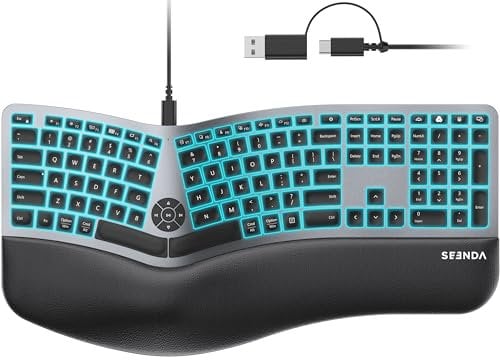 seenda 7-Color Backlit Wired Ergonomic Keyboard, KUW01 USB & Type-C Wired Split Keyboard, Cushioned Wrist Rest, Full Size with NumPad, Compatible for Windows, macOS, PC, Laptop, MacBook - Black Gray
