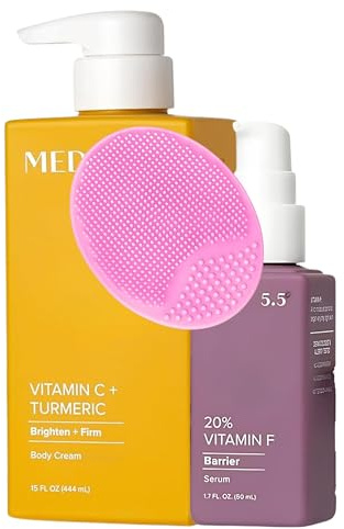 MED Vitamin C & Turmeric Brightening Body Cream 444ml + 20% Vitamin F Booster 50ml – Dark Spots, Uneven Tone & Crepey Skin – Rose Scent – Silicone Face Scrubber & Prosperina Card – Vegan