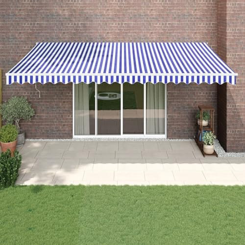 IKAYAA Elektrische markise 500x300 Elektrische Gelenkarmmarkise Markise mit Fernbedienung und Kurbel Sonnenmarkise Sonnenschutz-Blau und Weiß-500 x 300 cm
