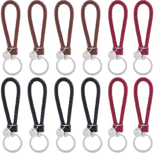 CALFOVERA 12 Llavero de Coche de Cuero Sintético Trenzado de 3 Colores con Correa Tejida Y Llaveros de Aleación, Cuerda Trenzada, Accesorio Decorativo para Bolsos, Carteras, Regalos.