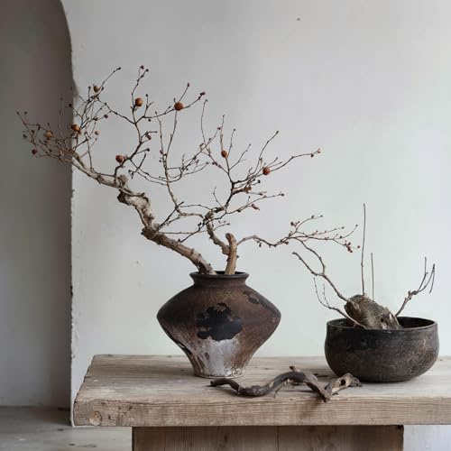 Rustikale Wabi Sabi rustikale Vintage-Vase, 17 cm, dekorative Bauernhaus-Keramik-Blumenvase, braune Keramikvasen für Heimdekoration, Tisch, Tafelaufsatz, Regal, Eingang, Wohnzimmer, Schlafzimmer