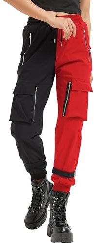 MEINVQIAOTI Schwarze Cargohose für Damen, lockere Kettenhose, mehrere Taschen, Multi-Reißverschluss, Punk, Gothic-Hose, schwarz/rot, M