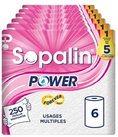 Sopalin Power, 6 Rouleaux d'Essuie-tout Multi-usages, 2 Plis | 1500 Feuilles, 6 Rouleaux Power égals à 30 Rouleaux Classiques, Ultra Résistant, Blanc