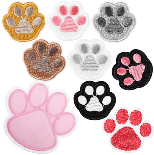 VILLCASE Dog Paw Iron-On Patches 9 Pcs – Embroidered Polyester for Quick No-Sew Application & Fade-Resistant Wash Durability – for Jackets, Backpacks, Hats, DIY Clothing Projects