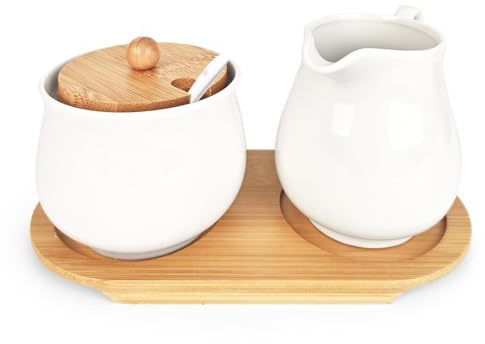 Tutamaz Zuckerdose und Milchkännchen set, Milch und Zucker Set mit Deckel und Löffel Keramik Sahnekännchen Milchbehälter für Küche und Kaffeebar Mikrowellen- und Spülmaschinenfest, Weiß
