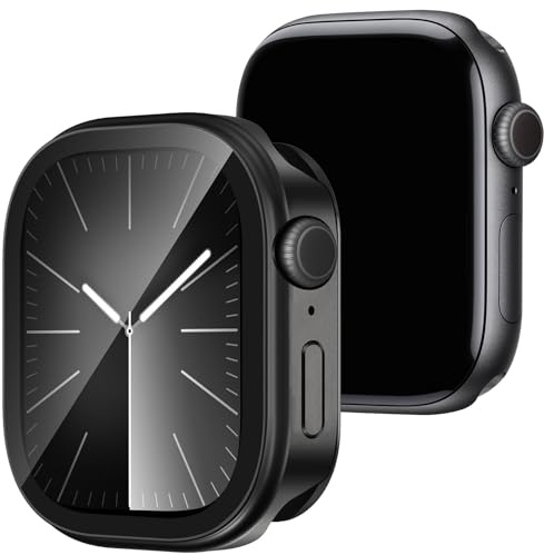 Dolstrap 2 in 1 Metall Schutzhülle Kompatibel mit Apple Watch Serie 9/8/7 45mm mit Kratzfester Displayschutz, 360° Vollschutz Stoßfeste Bumper Hülle mit Rückseite für iWatch Serie 9/8/7 45mm, Schwarz