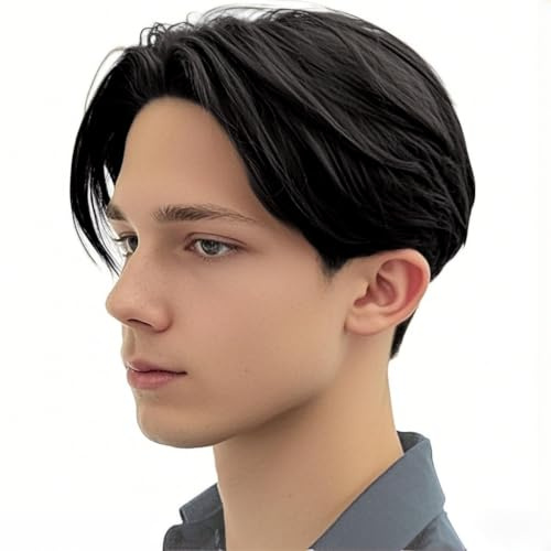 Sabosi Schwarze kurze Perücken für Männer Layered Gerade Mittelteil Haar Perücke für Party Kostüm Cosplay den täglichen Partygebrauch