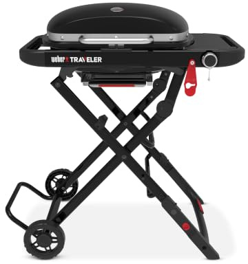 Weber Barbecue a gas Traveler Compact con carrello pieghevole e ruote/BBQ portatile, griglie in ghisa smaltata, termometro integrato, bruciatore da 3,81 kW, area di cottura 2065 cm², nero