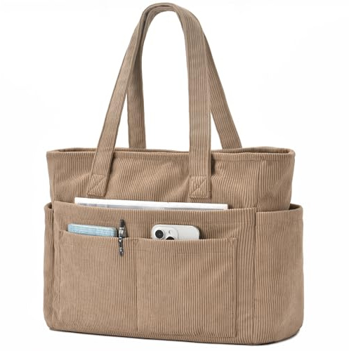 oscaurt Corduroy Tote Bag 13 Pockets Shoulder Handbag for Women Large Teacher Nurse Work Bag with Zipper Travel Essentials for Shopping Gym College