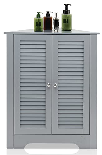 COSTWAY Triangle Bathroom Cabinet, Corner Bathroom Storage Unit Floor Cupboard with Shutter Door and Adjustable Shelf, Wooden Freestanding Cabinet for Living Room Kitchen Hallway (Double Door, Grey)