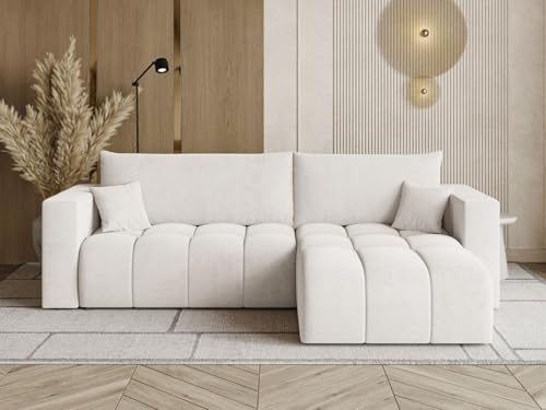 GRAINGOLD Neva L Ecksofa modern mit Bettfunktion, 280x170 cm, L-Form Sofa, Schlafcouch für Wohnzimmer, Velvet-Stoff, 3-Sitzer Eckcouch, Ecksofa mit Bettkasten (Hellbeige)