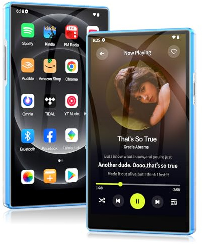 MP3 Player Spotify mit Bluetooth & WLAN, AGXOV 5 Zoll Touchscreen MP4 Musik Player Android 13 mit Integriertem Spotify, Deezer, FM-Radio, Sprachrecorder, Blau und Weiß