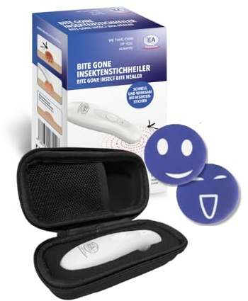 IEA Medical Set: Insektenstichheiler Batterie, 60 Stk. Mückenpflaster mit Citronella-Duft, Travelcase, Wärmestift gegen Mückenstiche