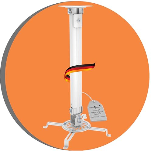 PureMounts Beamer Halterung Deckenhalterung schwenkbar neigbar 13,5kg Weiß | Projektor Beamer Decken Halterung mit 360° Drehung, neigbar, schwenkbar, 380-580 mm Deckenabstand; Lochabstand bis 320mm