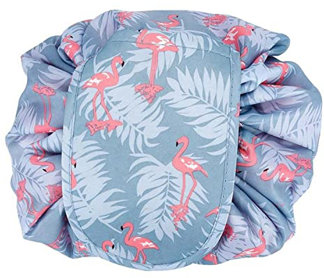 INTIRILIFE Kosmetiktasche in GRAU ROSA Flamingo - 62 x 54 cm - Runder One Step Kulturbeutel mit Kordelzug zum Zusammenziehen mit 2 inneren Reißverschlussfächern zur Aufbewahrung von Make-Up etc.
