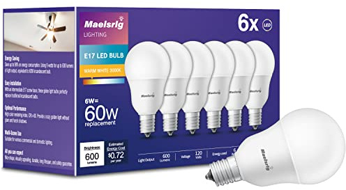 Maelsrlg E17 Intermediate Base LED Bulb, 6W (60 Watt Equivalent) G14 Globe Ceiling Fan Light Bulbs, Warm White 3000K, 600 Lumens, Non-Dimmable, Pack of 6