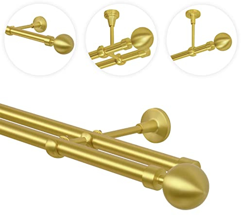 Gardinenstange Vorhangstange 480 cm 2 läufig 19mm Gold-Matt Messing Antik Vintage-Look Retro-Stil Kugel Wandbefestigung
