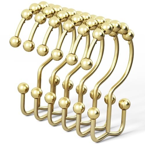 DAWNER Rust Proof Shower Curtain Hooks Rings, Stainless Steel Shower Curtain Rings Metal Double Glide Shower Hooks for Bathroom Shower Rods Curtains, Golden Decorative Finish, Set of 12 Hooks