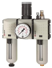 RIEGLER FU 621-1 FUTURA Wartungseinheit dreiteilig mit Polycarbonatbehälter, Schutzkorb und Manometer, Halbautomatisch, Baugröße 1, 0,1-1 bar, G 1/4