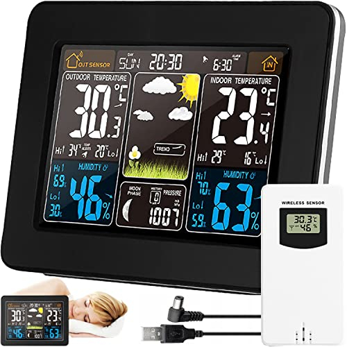 Retoo Wetterstation Funk mit Außensensor, Funkwetterstation mit Wettervorhersage, Wetterstationen Innen und Außentemperatur, Funkthermometer mit Aussensensor Thermometer Hygrometer Barometer Schwarz