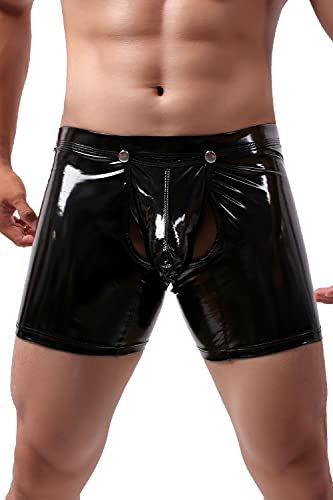 Herren Leder Boxershorts Lack glänzend Optik Po offen, Wetlook sexy Unterwäsche, Reizwäsche für Männer, Clubwear Jockstraps Slips Tanga mit offenem Schritt Ouvert Shorts Pants (Schwarz, L)