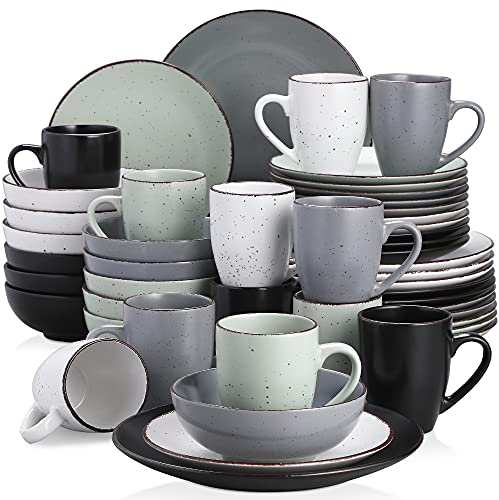 Tafelservice Steingut, vancasso MODA Geschirrset, Vintage Aussehen, 48-teiliges Kombiservice mit je 12 Speisetellern, Kuchentellern, Schalen und Tassen Mehrfarbig