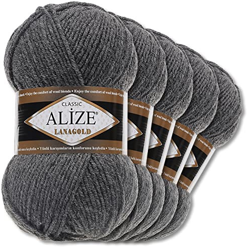 Wohnkult Alize 5 x 100 g Lanagold Wolle | 53 Auswahl | Stricken Häkeln Wolle (182 | Mittelgrau Melange)