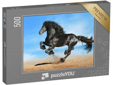puzzleYOU: Puzzle 500 Teile „Schwarzes Friesenpferd im kraftvollen Galopp“ – aus der Puzzle-Kollektion Pferde, Friesenpferde