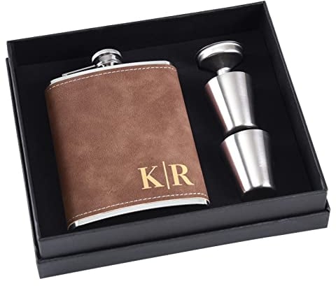 Flasque à Alcool Personnalisée pour Hommes, 8 oz - Flasque en Acier Inoxydable 304 et Cuir PU Gravée (Marron)
