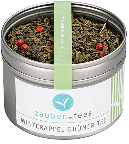 Zauber des Tees Grüner Tee Winterapfel - winterlich-fruchtiger Geschmack, Wintertee mit Apfelstücken und Zimt, Top-Qualität in wiederverschließbarer Aroma-Dose, 50 g