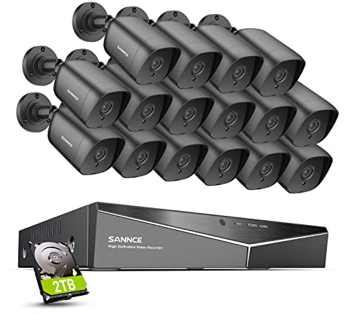 SANNCE Überwachungskamera-Set, 16 Kanäle, DVR, 1080p, 16 Kameras, 2 MP, Videoüberwachungssystem, IP66, wasserdicht, Nachtsicht, 2 TB HDD