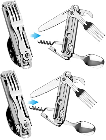 HONZIN Cubiertos plegables multifuncionales 5 en 1, Vajilla de utensilios para acampar al aire libre, Juego de cubiertos portátil de acero inoxidable para viajes, con bolsa con cordón (2 Paquetes)