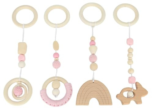 4 Stück Holz Hängespielzeug, Kinderwagen Anhänger Spielzeug Baby Play Gym Holz Hängespielzeug für Kleinkinder Kleinkinder (Rosa)