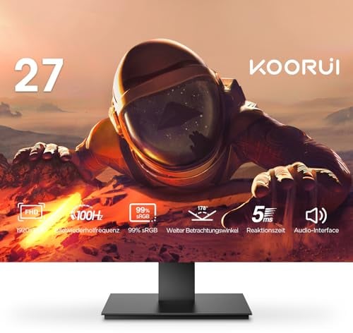 KOORUI Monitor de Juegos de 27 Pulgadas con Altavoces Integrados, 100Hz, Pantalla 1080p, Colgante, Sin Marco, HDMI, Inclinable, Cuidado de los Ojos, Montaje en Pared VESA Negro