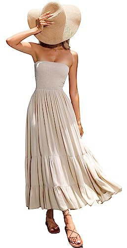 R.Vivimos Estate Donna Senza Spalline Bandeau Shirred Boho Maxi Vestito Abito Lungo da Spiaggia