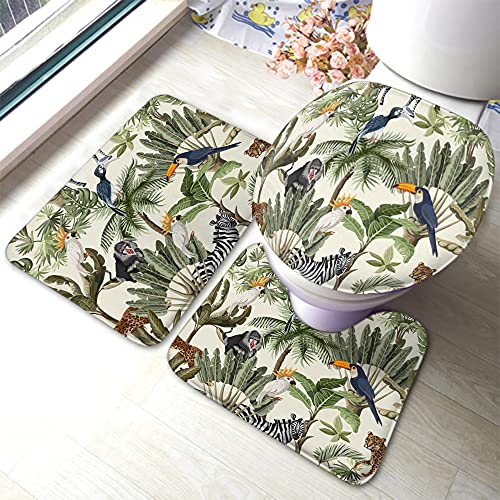 rutschfeste 3 Badteppich Set Bäume Tiere Exotische AFFE Papagei Toucan Zebra Leopard Badgarnitur Badematten Anti-Rutsch Weiche Badezimmer Matte, Für Wohnzimmer, Wc-Sitz Bezug