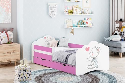 Happy Babies MOBI - Kinderbett 80x160 mit Matratze Kinderzimmer Bett Rosa Weiß mit Rausfallschutz & Bettkasten Kinder-Bett für Mädchen (M26)