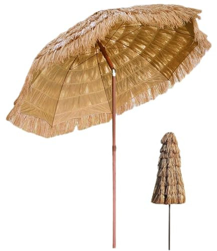 NOIRDA Parasol De Jardin Pliable Tiki Ø 200cm, Parasol Extérieur en Paille avec Fonction D'inclinaison, Style Hawaïen Tropical, pour Plage Piscine Patio Cour Cafés Terrasse